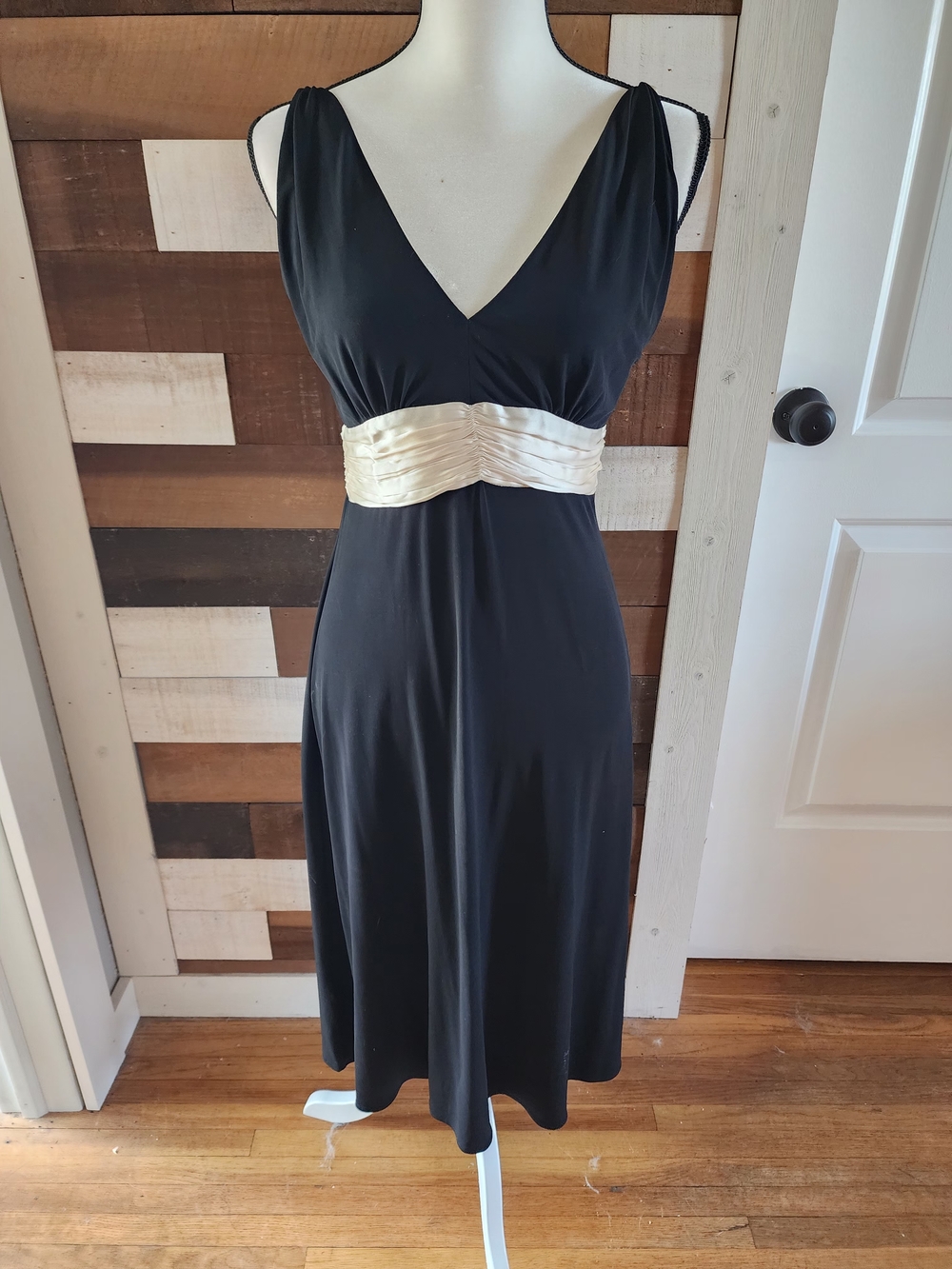 Calvin Klein Black Midi Dress with Cream Ruched Waistband